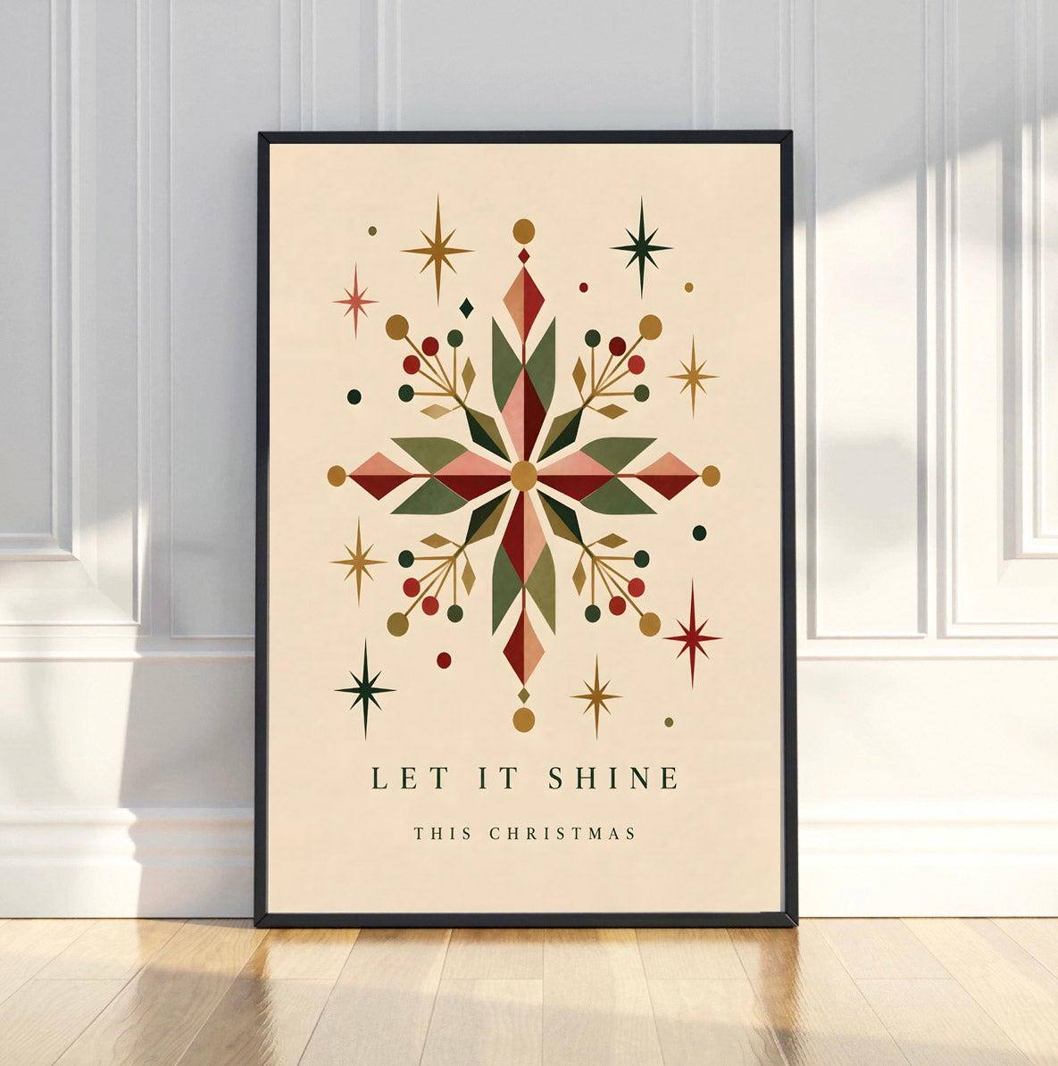 Vintage Geometric Snowflake Print, Retro Christmas Wall Art