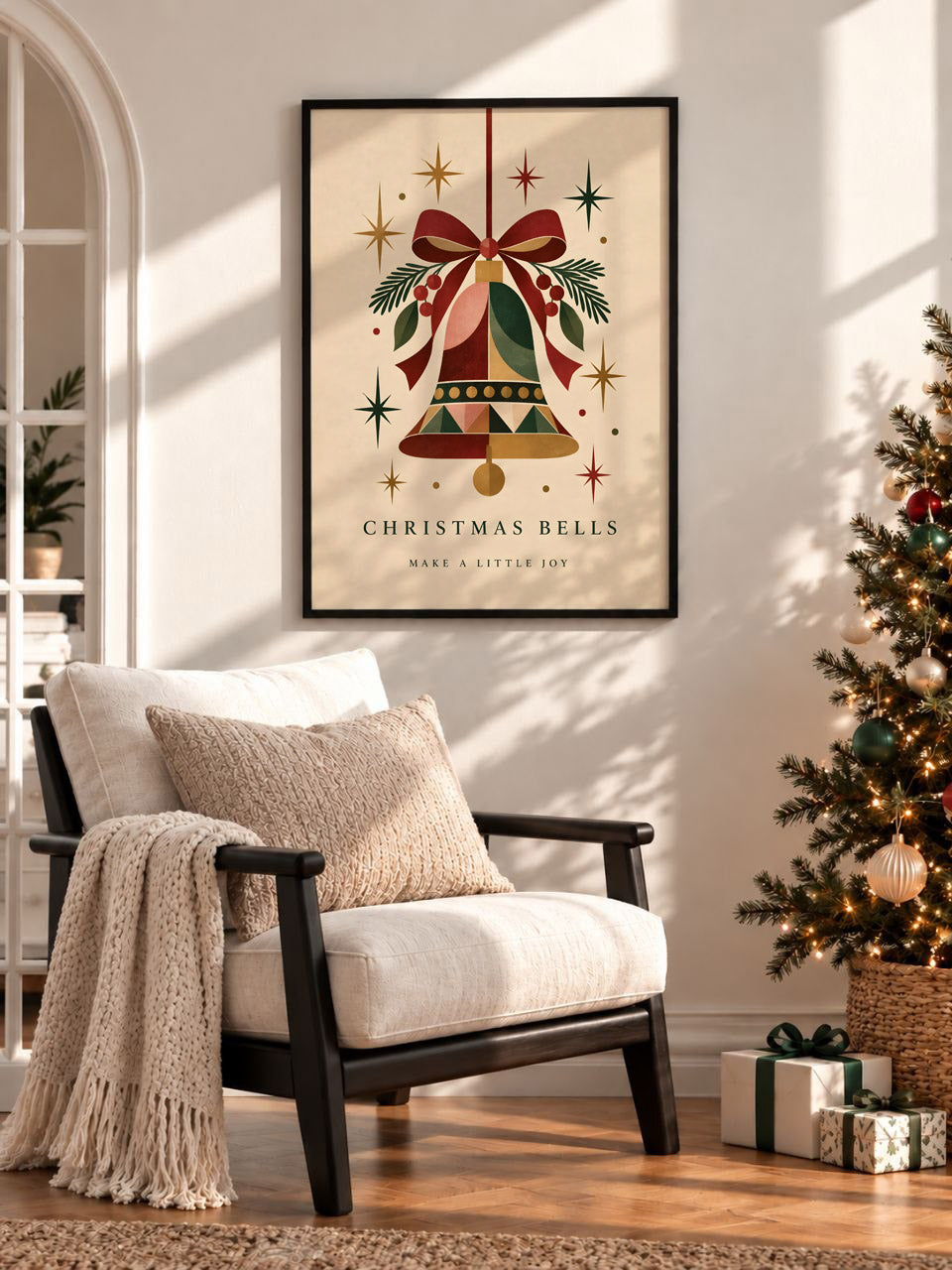 Vintage Christmas Bell Print, Holiday Bow Decor, Matte Paper Art
