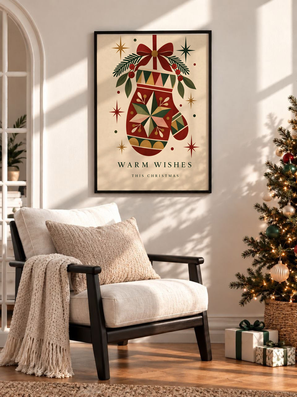 Vintage Christmas Mitten Wall Art, Festive Holiday Poster