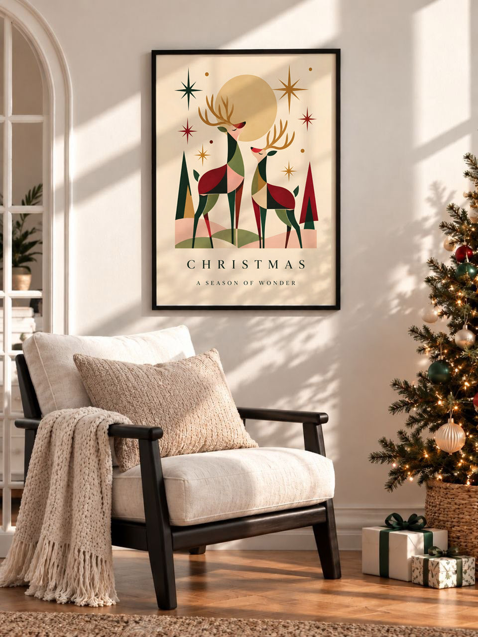 Vintage Christmas Reindeer Wall Art, Retro Holiday Print
