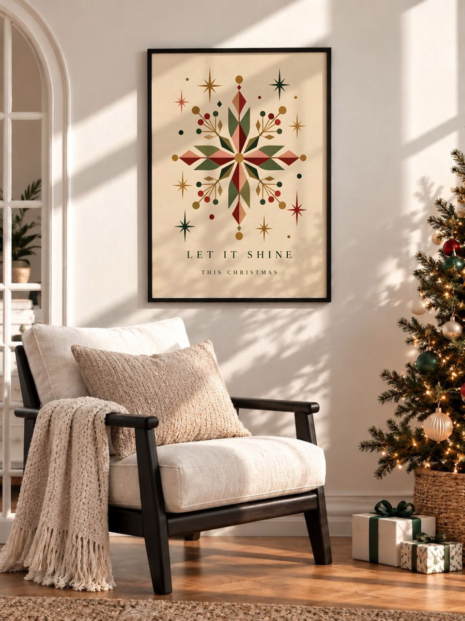 Vintage Geometric Snowflake Print, Retro Christmas Wall Art