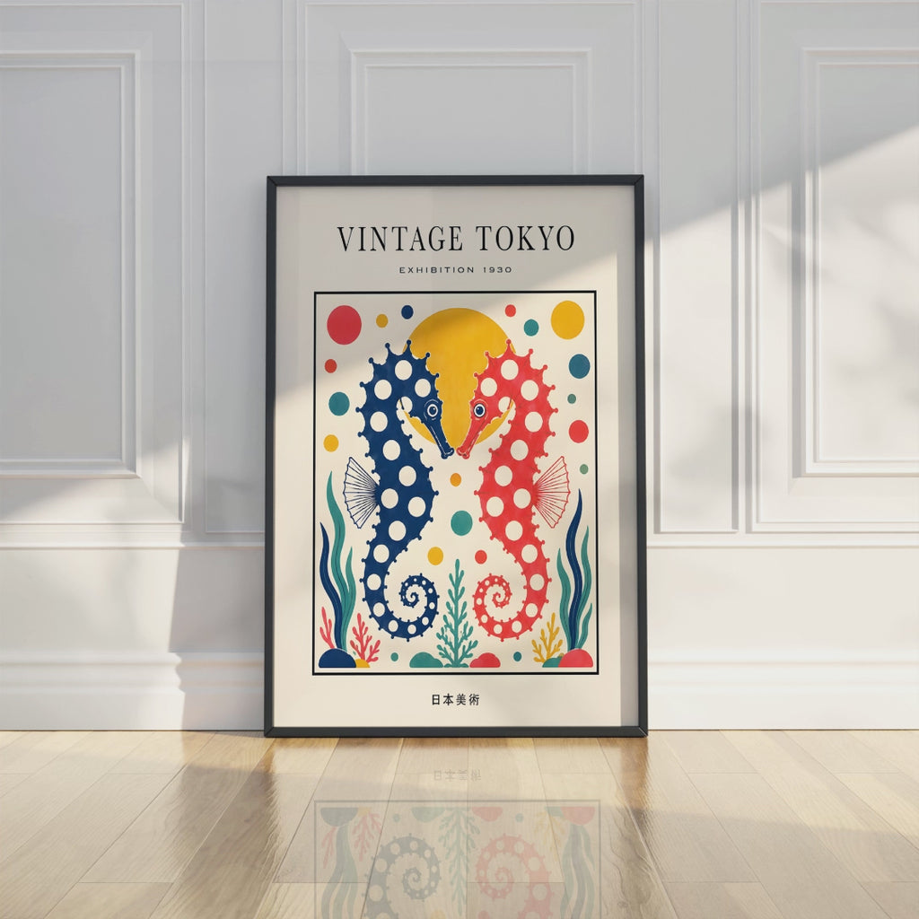 Vintage Tokyo Seahorse Art Print, Polka Dot Japanese Wall Art, Colourful Ocean Poster