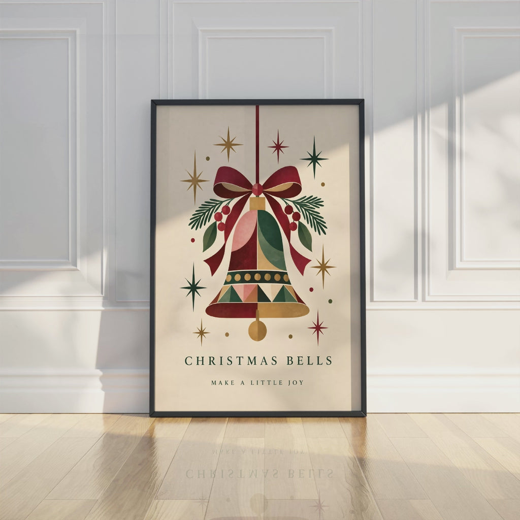 Vintage Christmas Bell Print, Holiday Bow Decor, Matte Paper Art