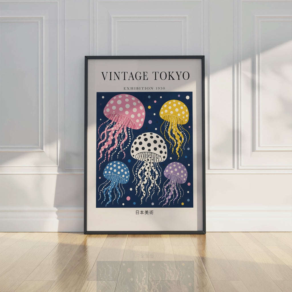 Polka Dot Jellyfish Wall Art Print, Vintage Japanese Poster