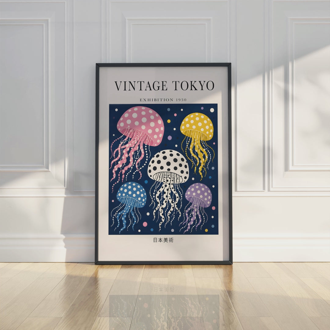 Polka Dot Jellyfish Wall Art Print, Vintage Japanese Poster