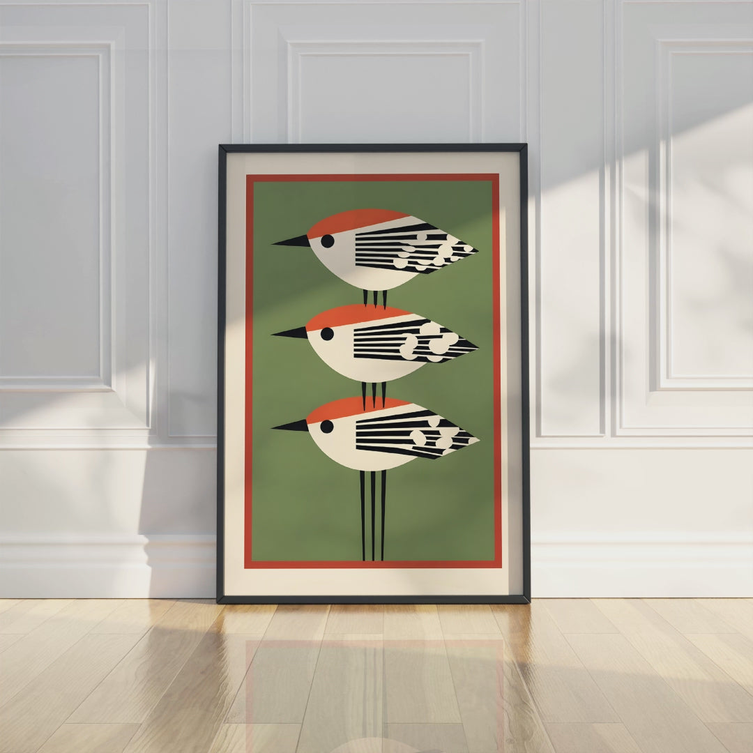 Red-Crowned Birds Wall Art Print, Mid-Century Modern Bird Poster