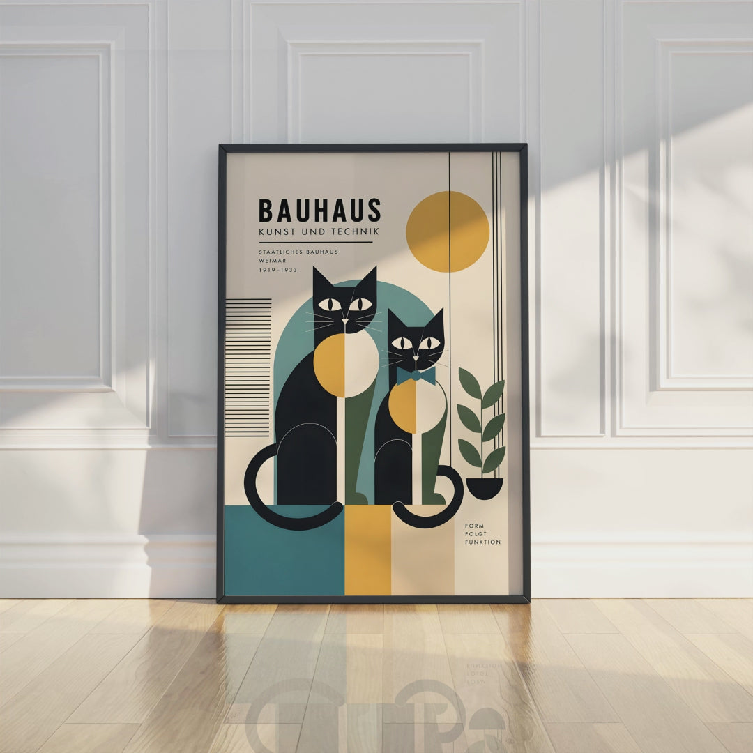 Bauhaus Couple of Cats Poster, Geometric Mid Century Wall Art Decor