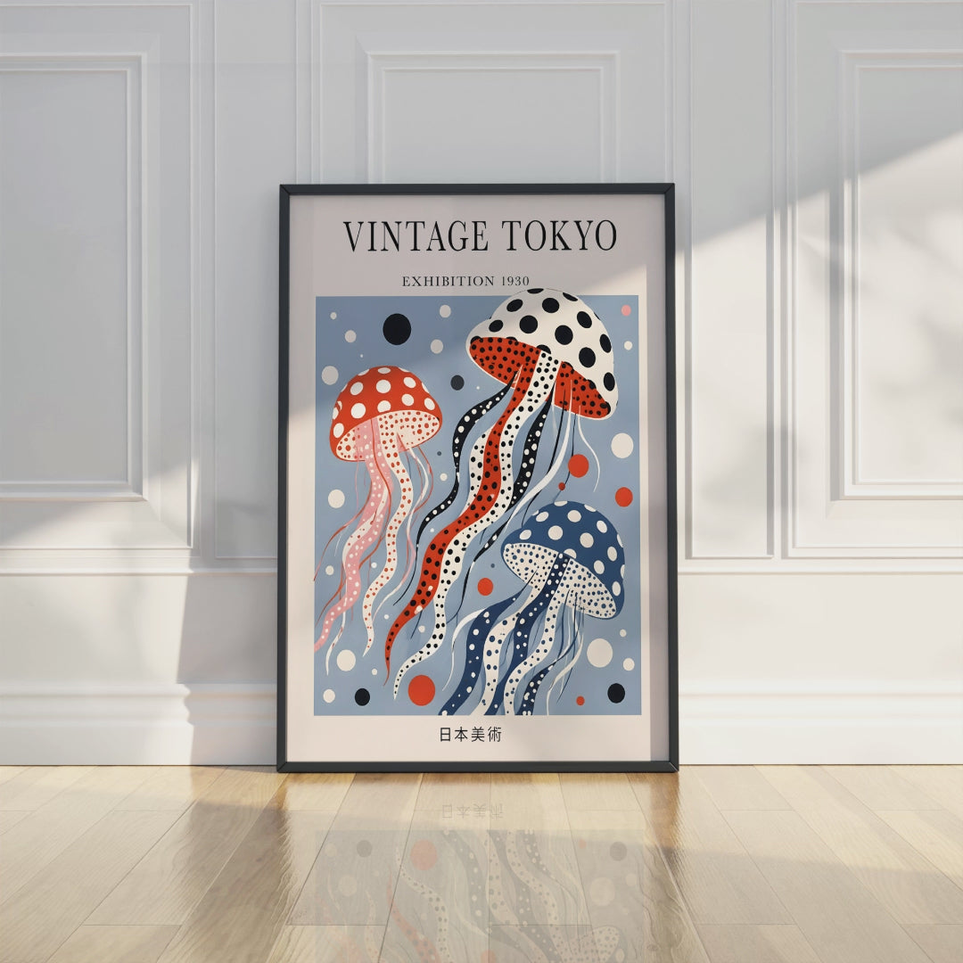 Polka dot  Blue Jellyfish Wall Art Print, Japandi, Vintage Japanese Poster