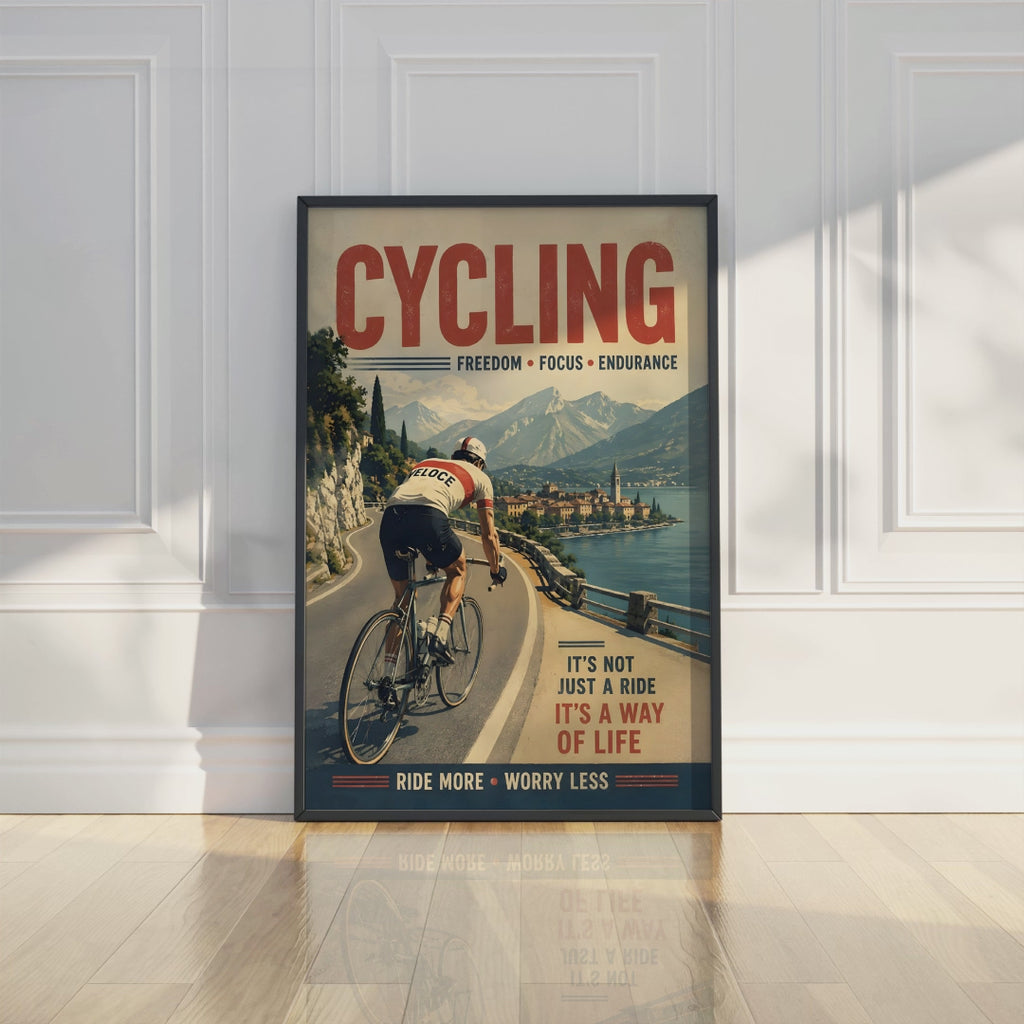 Vintage Cycling Poster, Retro Bicycle Wall Art, Freedom Focus Endurance Print