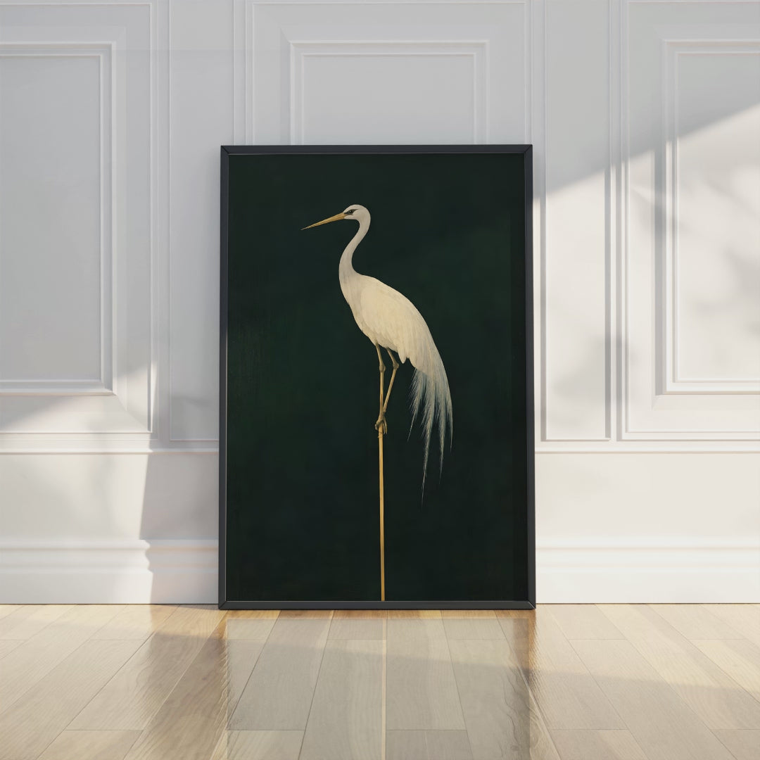 Japanese Crane Wall Art, Minimalist Green Poster