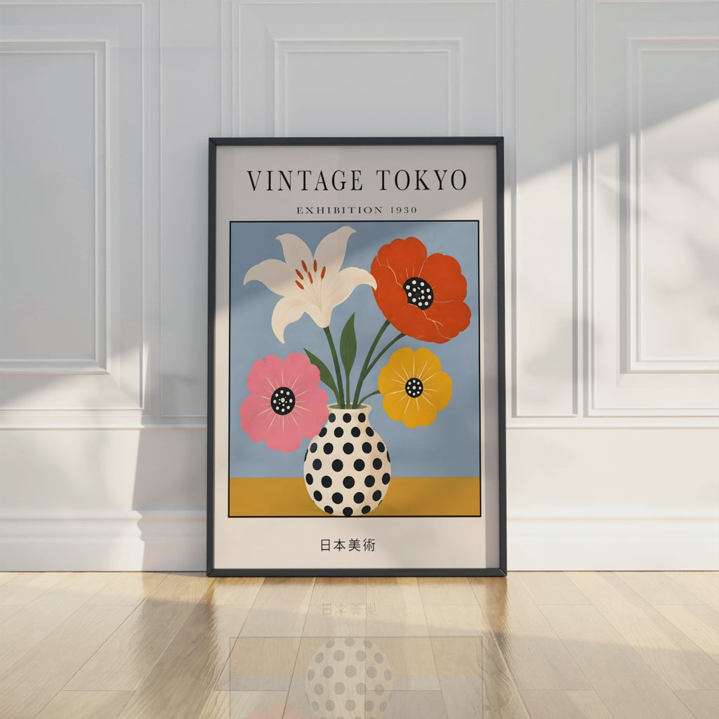 Polka Dot Flowers Wall Art Poster, Vintage Japanese Print