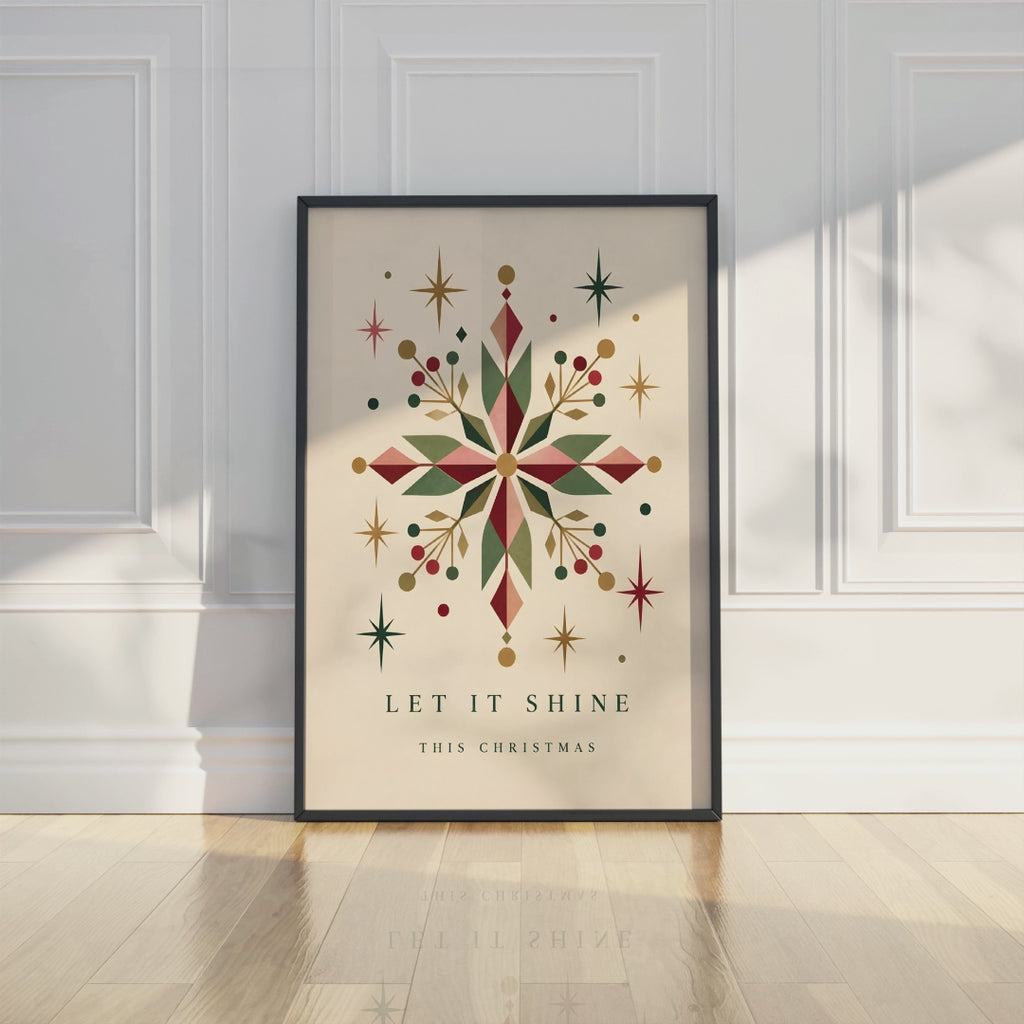 Vintage Geometric Snowflake Print, Retro Christmas Wall Art