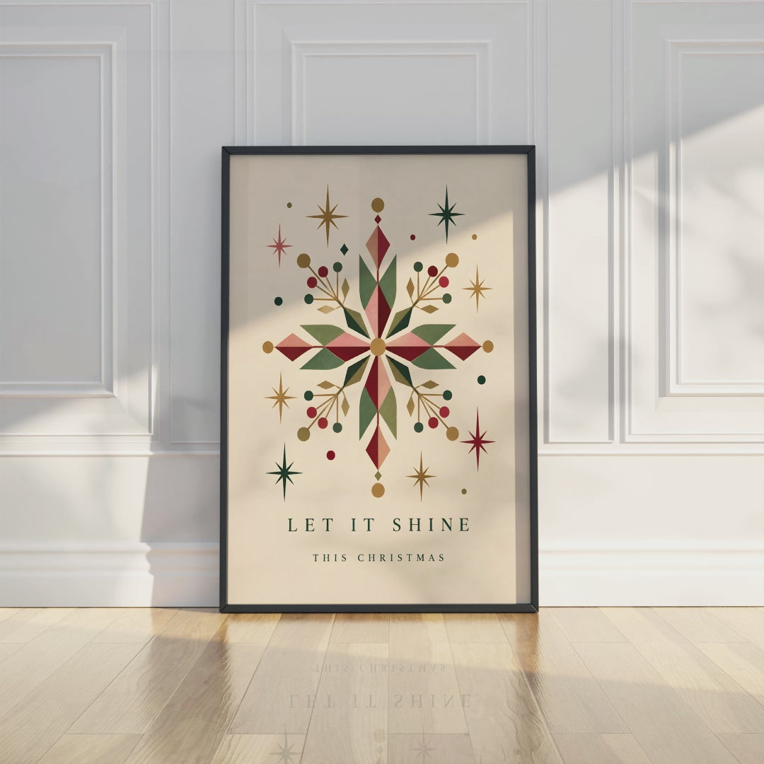 Vintage Geometric Snowflake Print, Retro Christmas Wall Art
