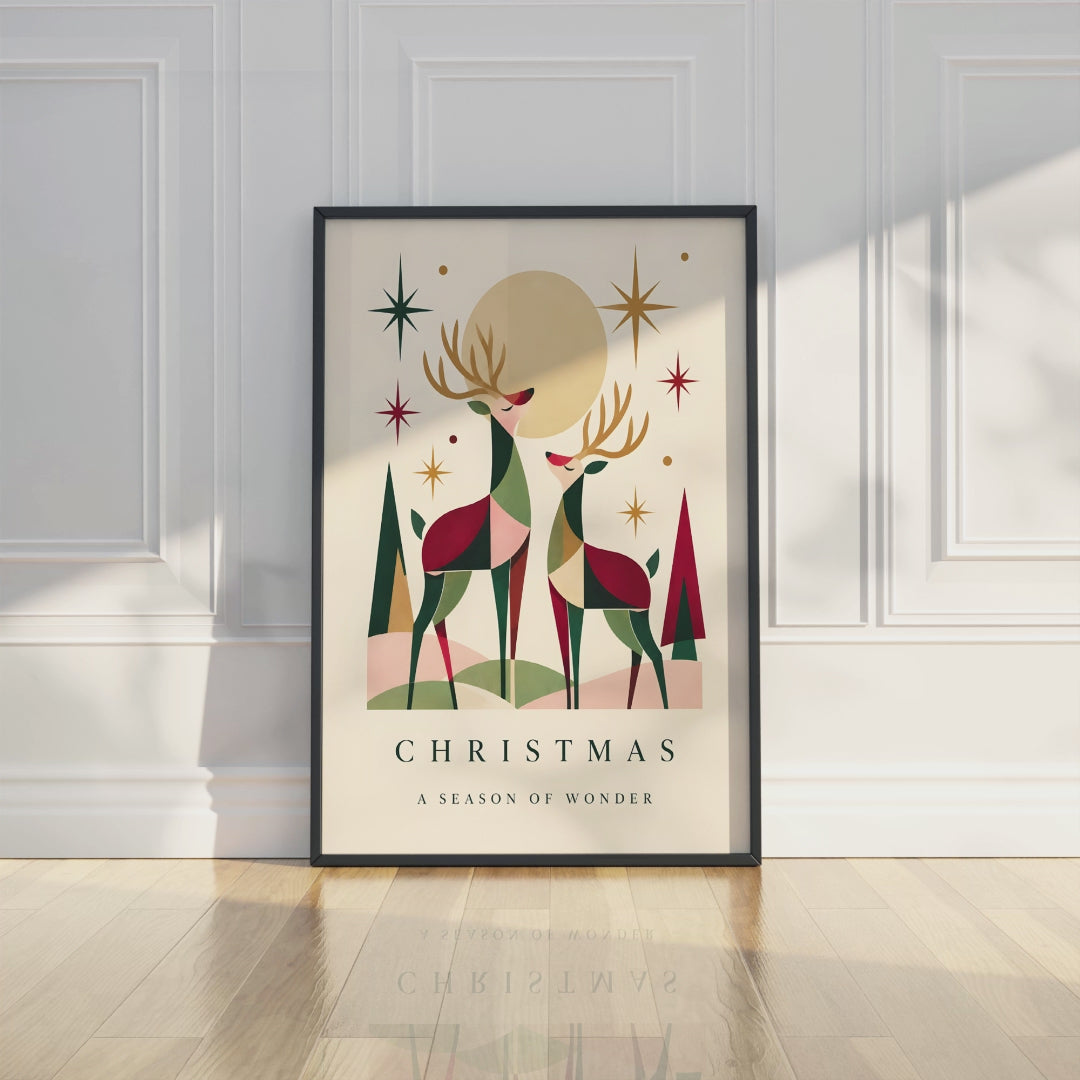 Vintage Christmas Reindeer Wall Art, Retro Holiday Print