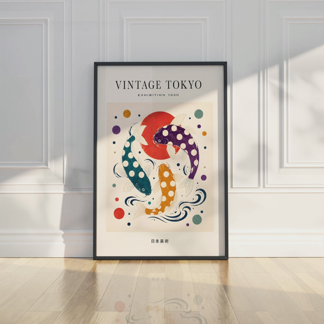 Vintage Tokyo Koi Fish Art Print, Polka Dot Japanese Wall Art, Colourful Retro Poster